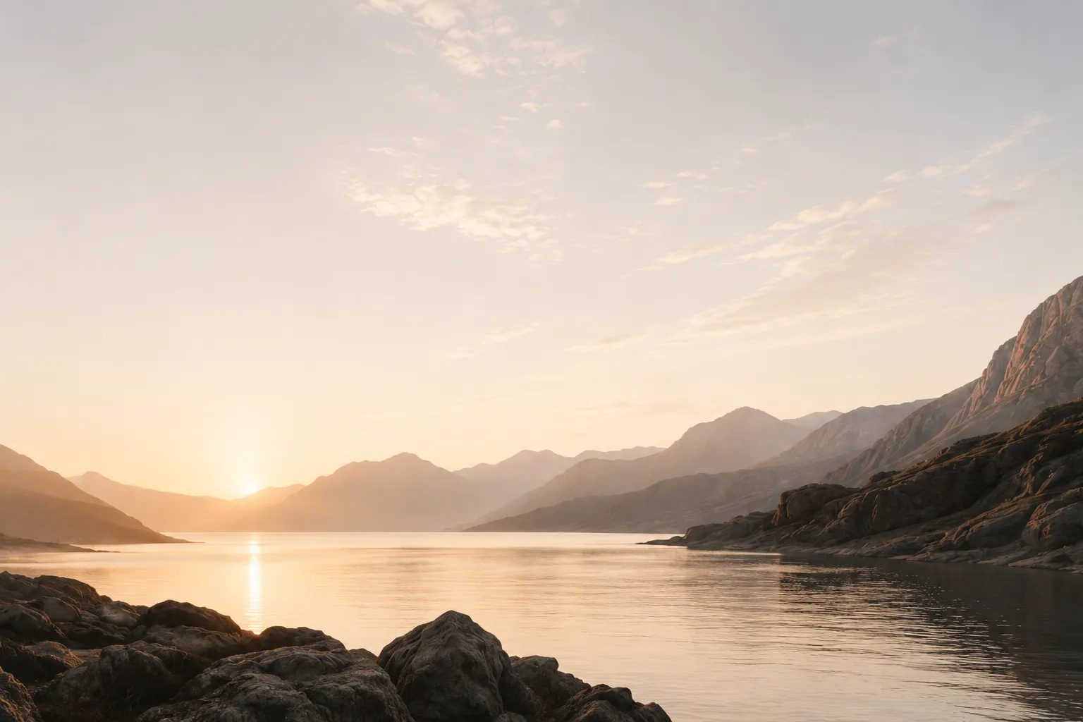 Warm sunset over a still lake surrounded by rocky mountains.