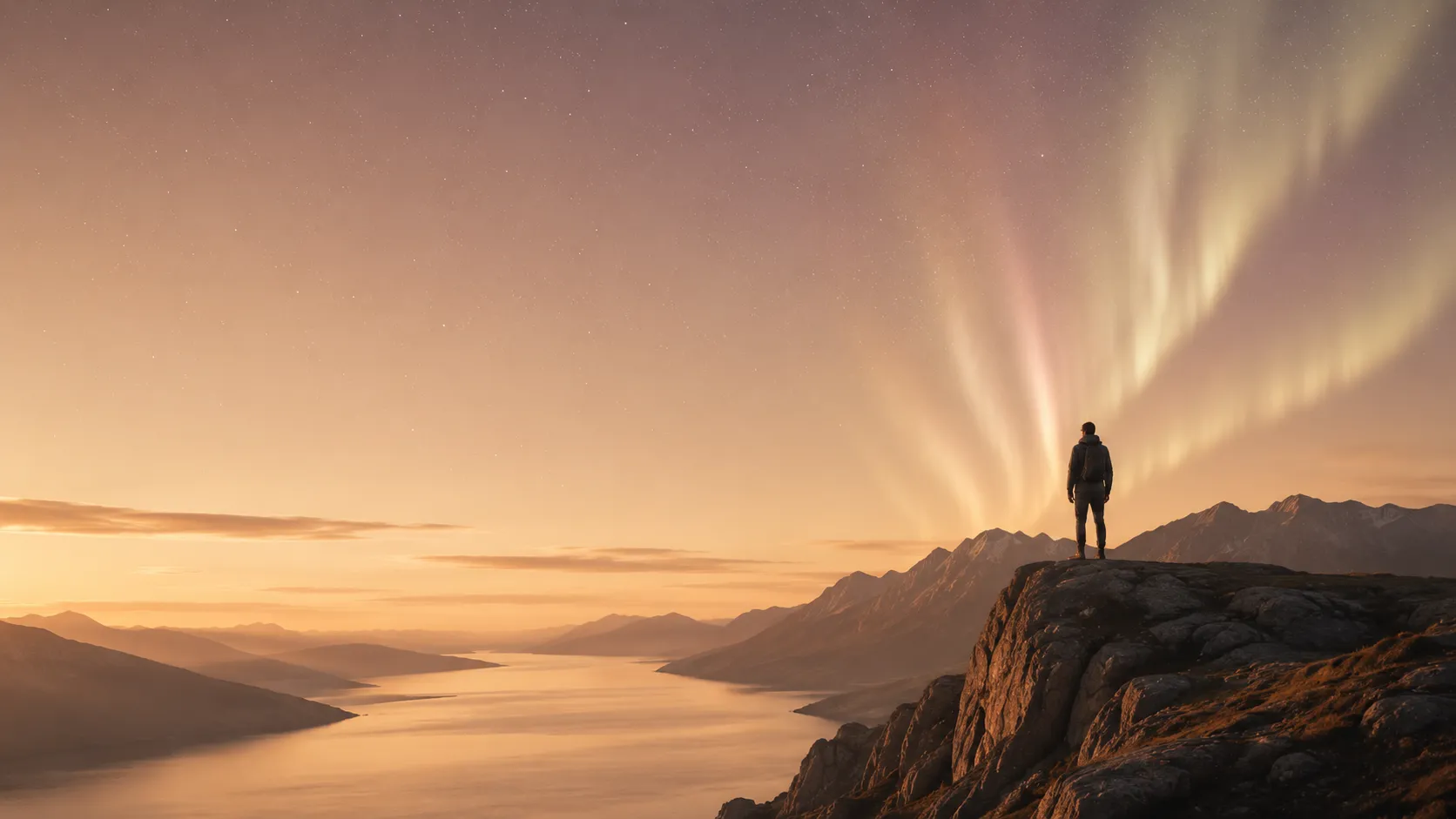 Warm twilight sky with a muted aurora and subtle stars over a quiet horizon.