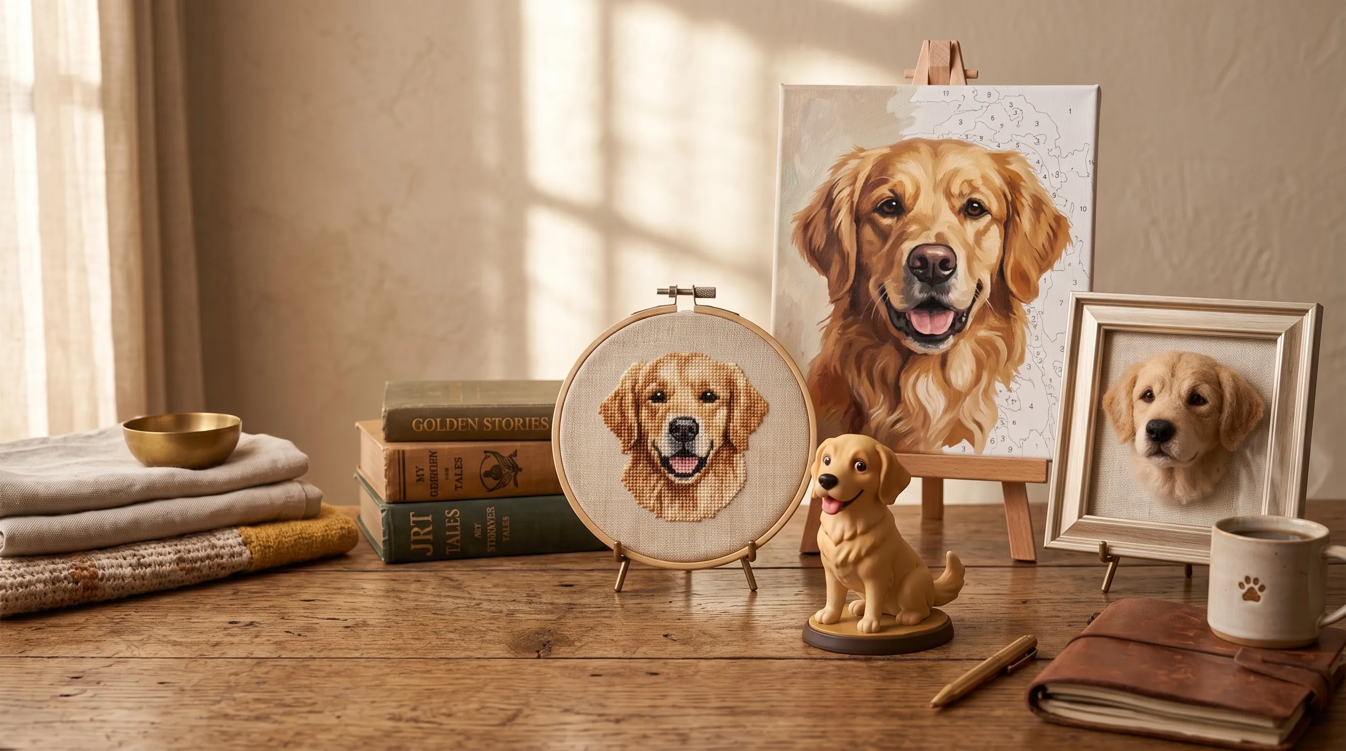 A warm display of personalized pet art and keepsakes by Oravirta.