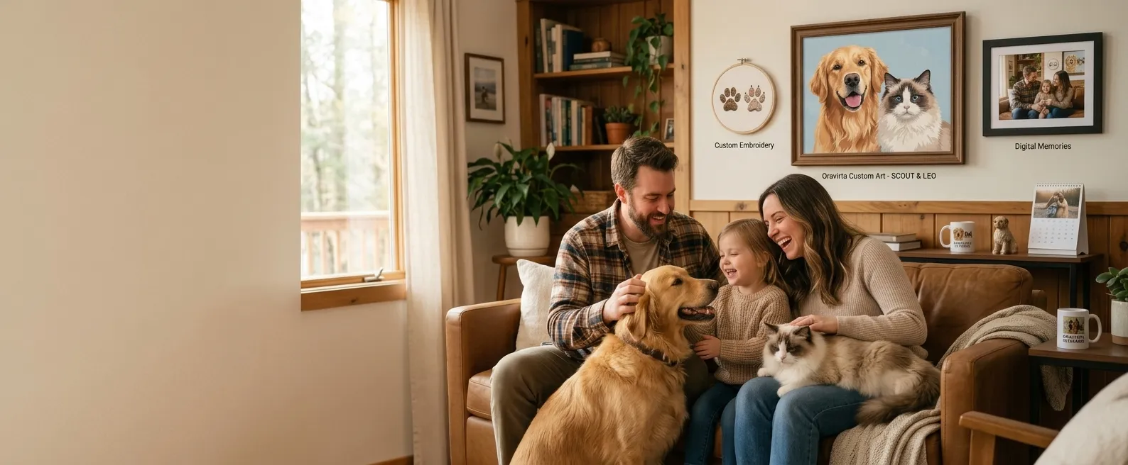 A cozy living room with Oravirta custom pet art and keepsakes.