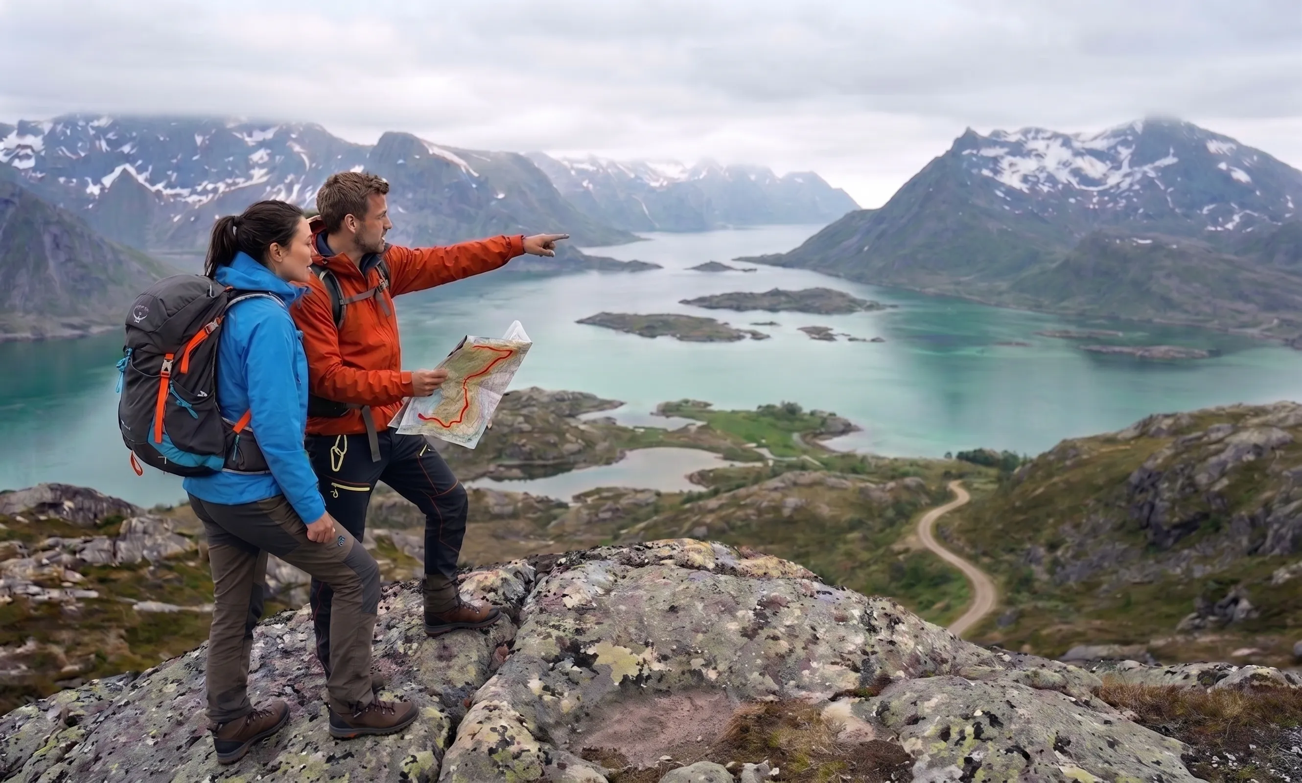 Two hikers consult a map above a fjord and mountain landscape.