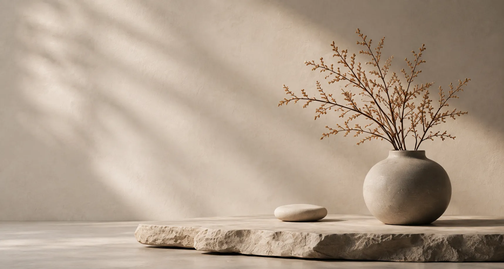 A warm still life with a rounded ceramic vase and a smooth stone on a stone slab.