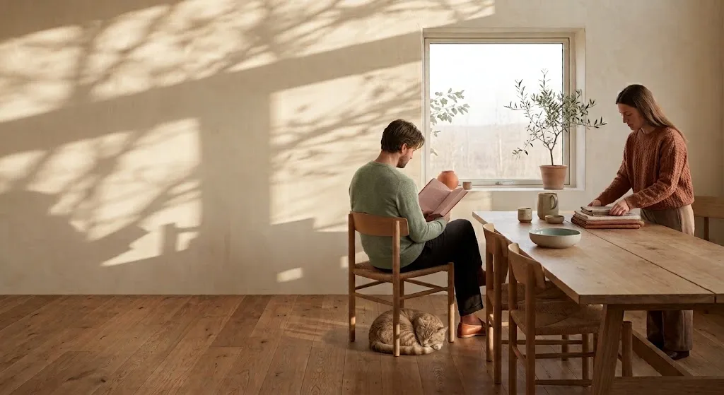 A warm sunlit room with two people reading and folding linens by a window, with soft natural light and simple ceramics.